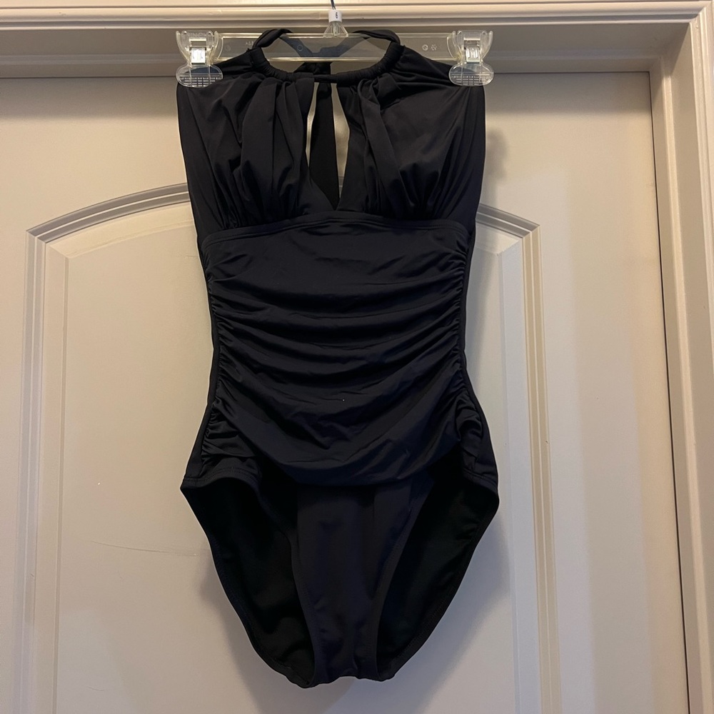 Black one piece halter swim with ruching